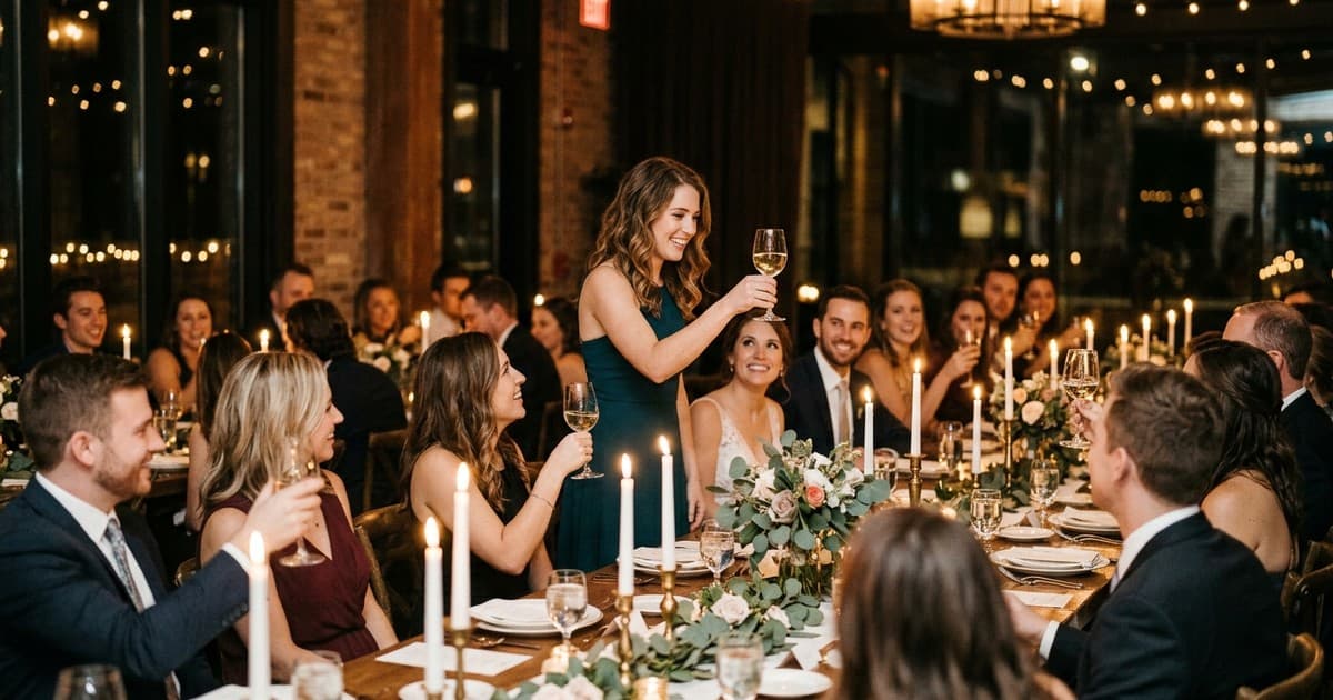 Intimate rehearsal dinner scene with guests at a candlelit table and someone standing to give a toast