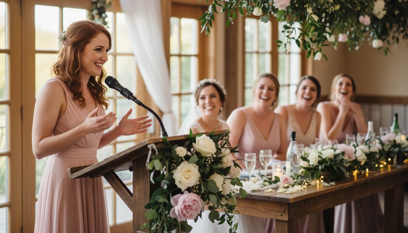 Maid of honor raising a champagne glass and smiling warmly at the bride during the wedding reception toast