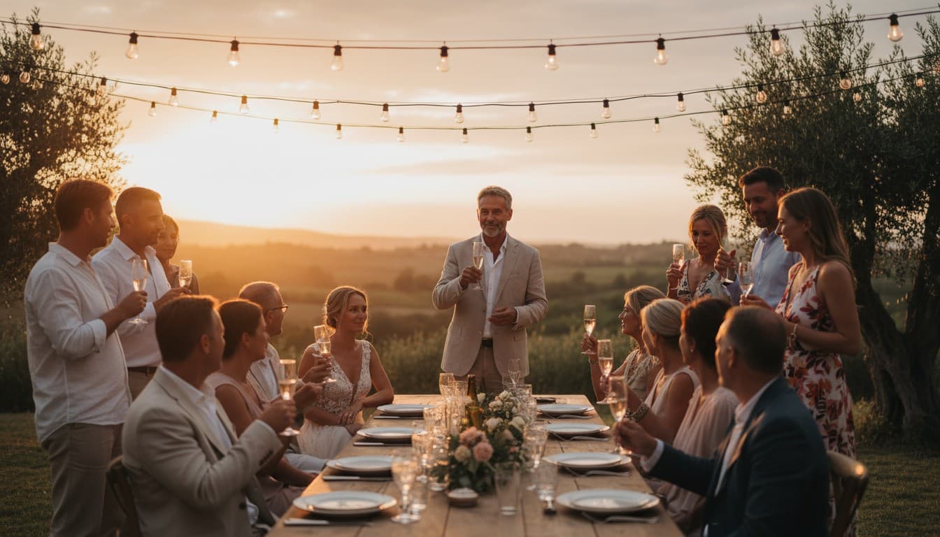 Guests raising glasses in a heartfelt toast at a second marriage wedding reception