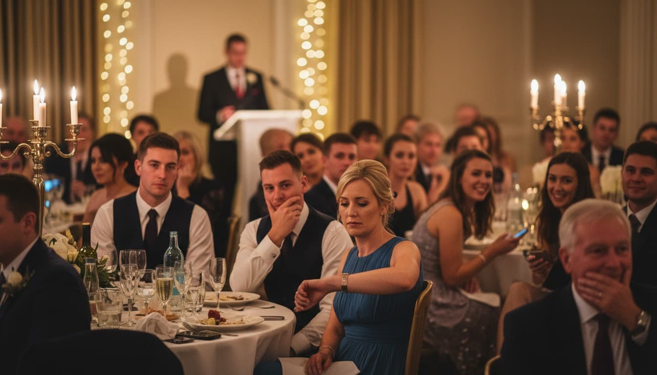 Wedding speaker cringing at a microphone in front of a reception crowd