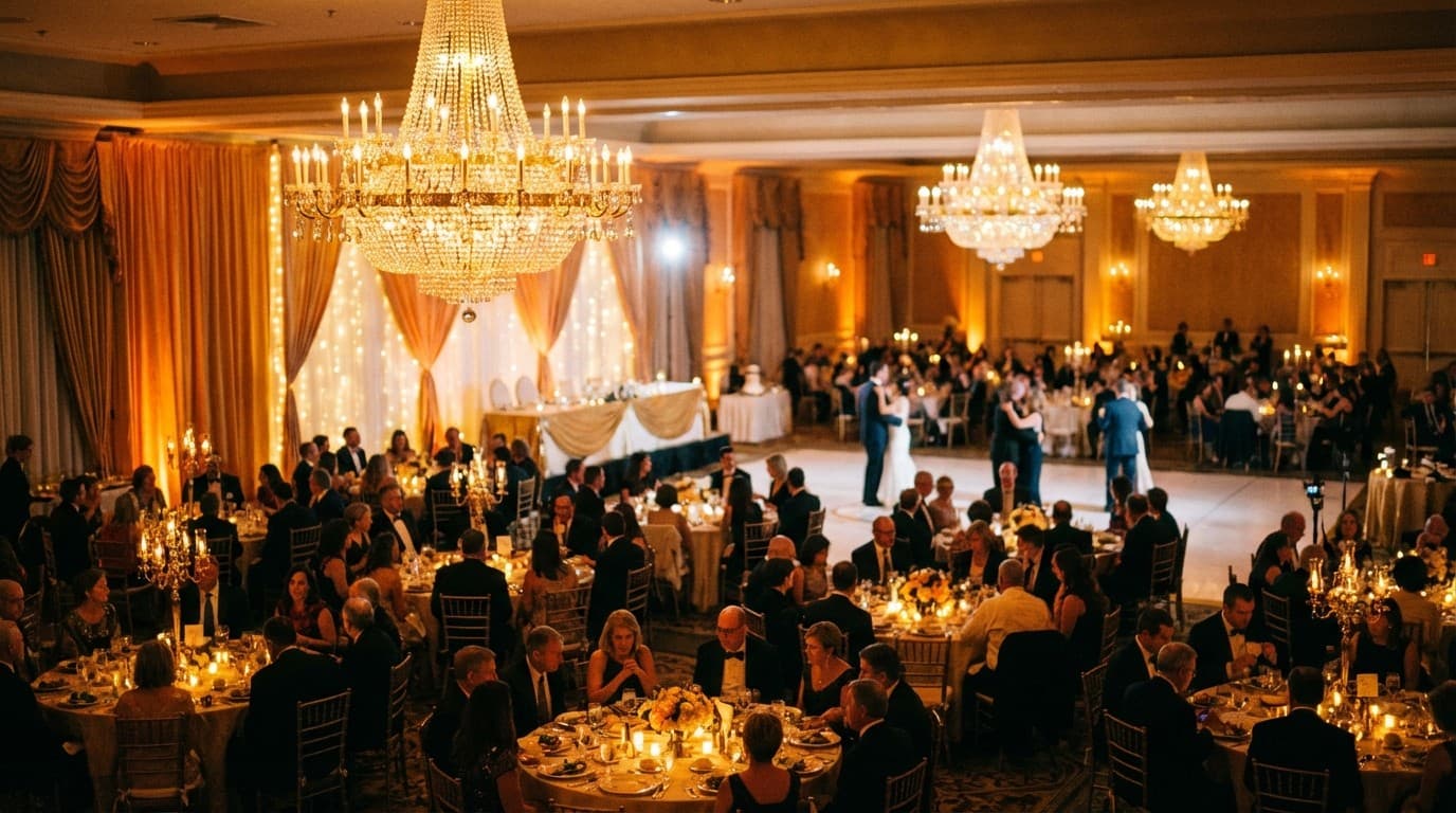 Guests toasting during an LGBTQ wedding speech at the reception