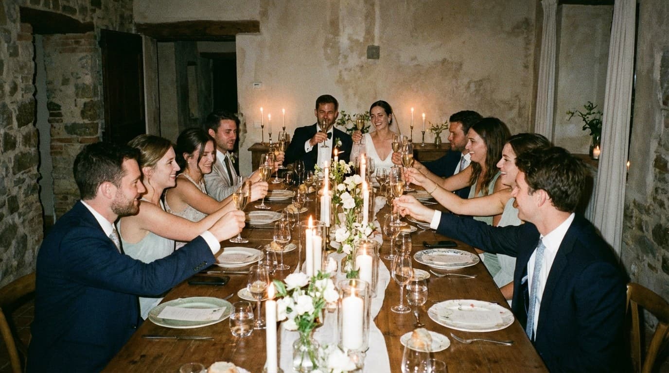 Guests raising glasses after a maid of honor speech at a wedding dinner